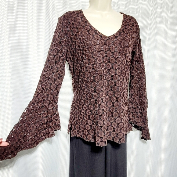 VTG 90s Dark Chocolate Brown Lace Stretch Long Bell Sleeve Pop Over Blouse (L) - Picture 1 of 11